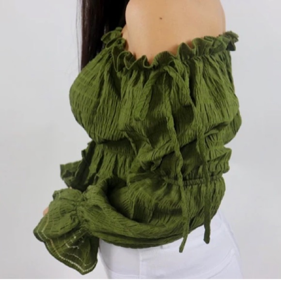 Olive texture lines puff sleeve top - Picture 2 of 3